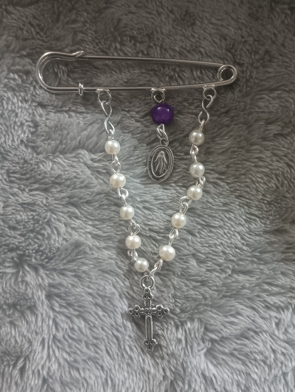 Silver Faux Pearl Rosary Pin with Purple Bead